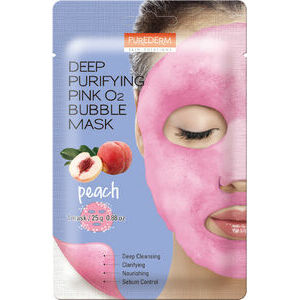 PUREDERM Deep Purifying Pink O2 Bubble - Dziļi attīroša O2 burbuļu maska sejai ar persiku taukainai ādai